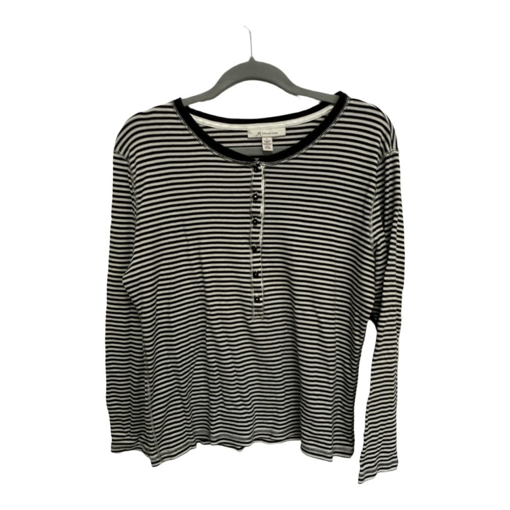 JM Collection Prima Cotton Black White Striped Long Sleeve Button Up Size Large